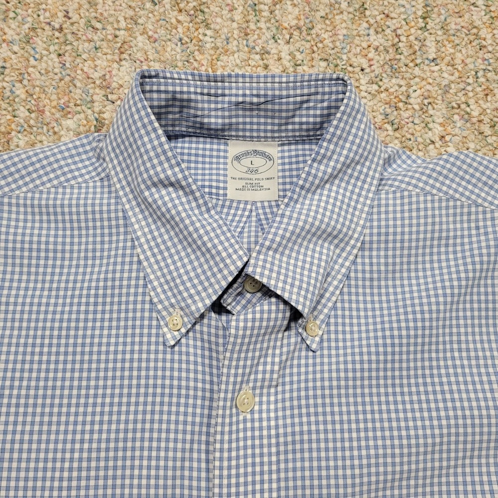 Brooks Brothers Shirt Mens Large Blue Check Button Down Long Sleeve Slim Fit - Picture 2 of 14
